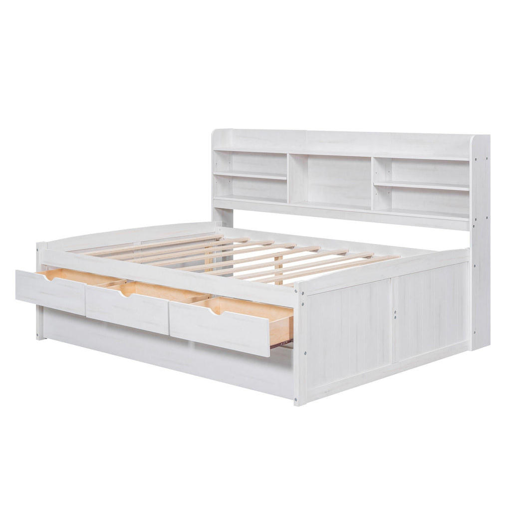 Captain Bed With Built In Bookshelves, 3 Storage Drawers, And Trundle