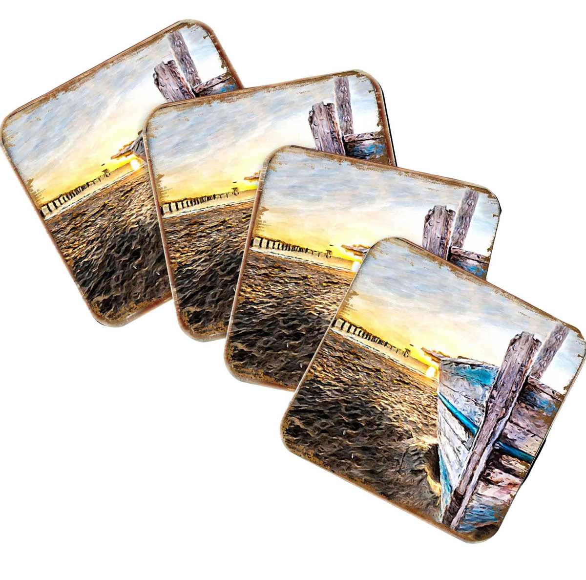 Beach Boat Coastal Wooden Cork Coasters Gift Set of 4 by Nature Wonders - Coastal Sea-Life Decor - 95271C-S4