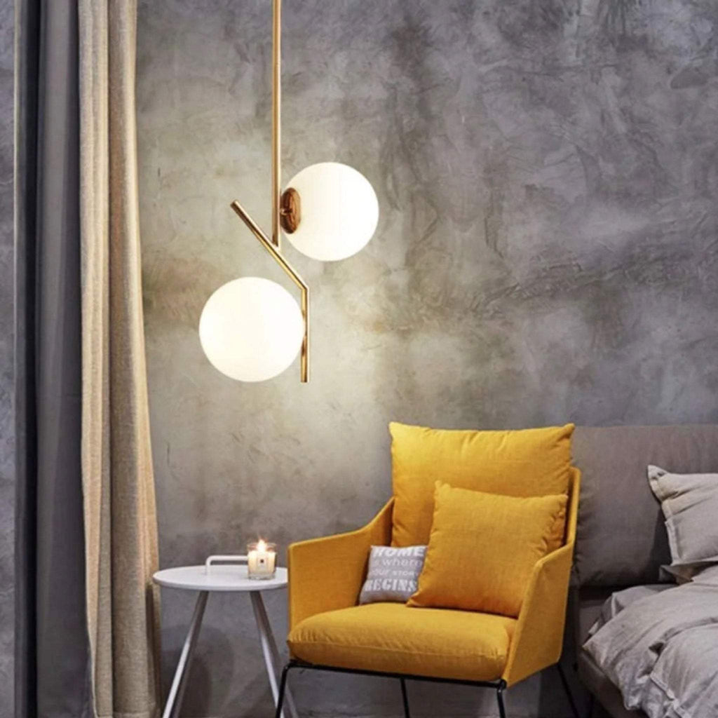 BOKT Mid Century Modern Kitchen Pendant Light 2-Lights Chandeliers Lighting Fixture, Golden with White Frosted Glass Globe Lampshade
