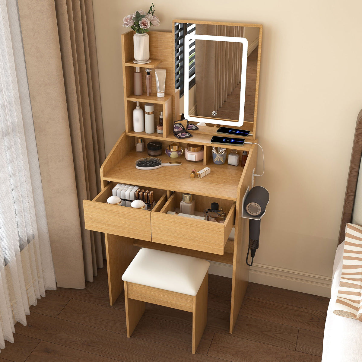 Vanity Table With LED Mirror, Power Outlet, Hairdryer Holder & Padded Stool