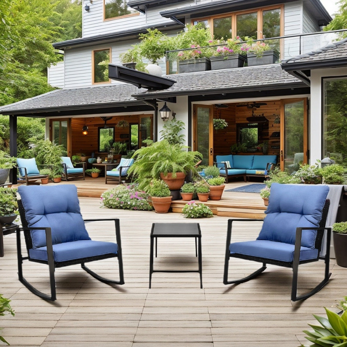3 Pieces Patio Bistro Set Outdoor Rocking Chair with Blue Cushion for Yard Garden Poolside