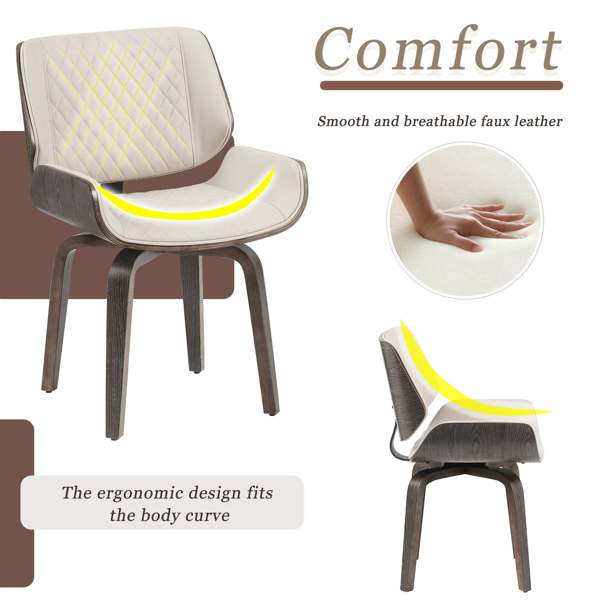 Mid Century Modern Dining Chair 360° Swivel, Ergonomic Design Upholstery, Bentwood Frame, (Set of 2) - Beige