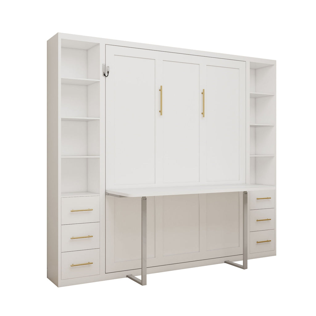 Queen Size Murphy Wall Bed With Side Storage Cabinets - White