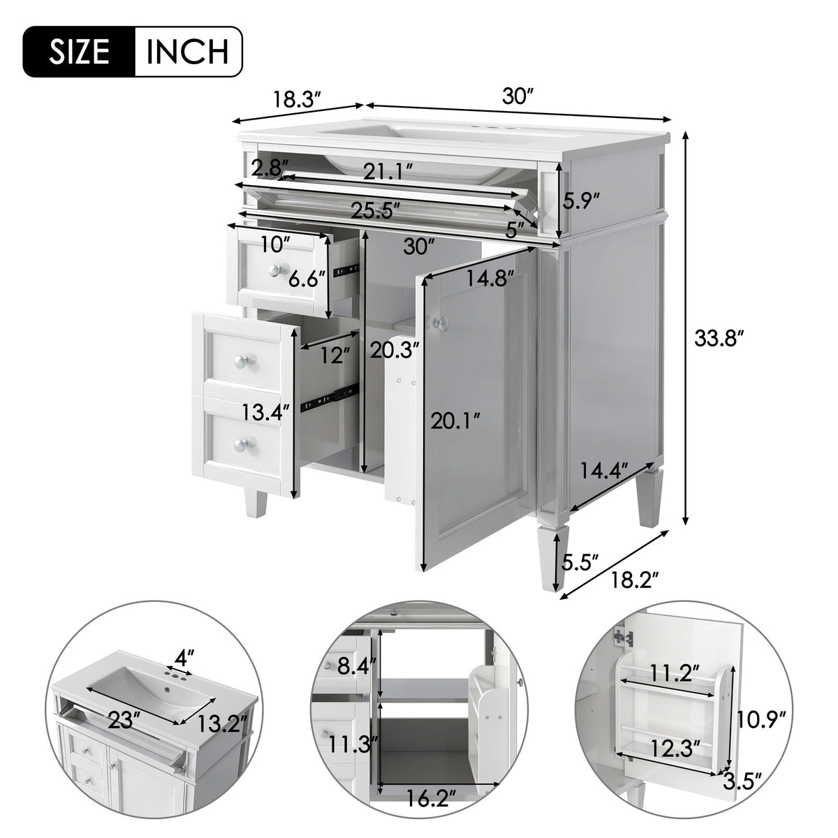 Bathroom Vanity With Medicine Cabinet, Royal Mirror Cabinet, Modern Bathroom Storage Cabinet With 2 Soft Closing Doors And 4 Drawers