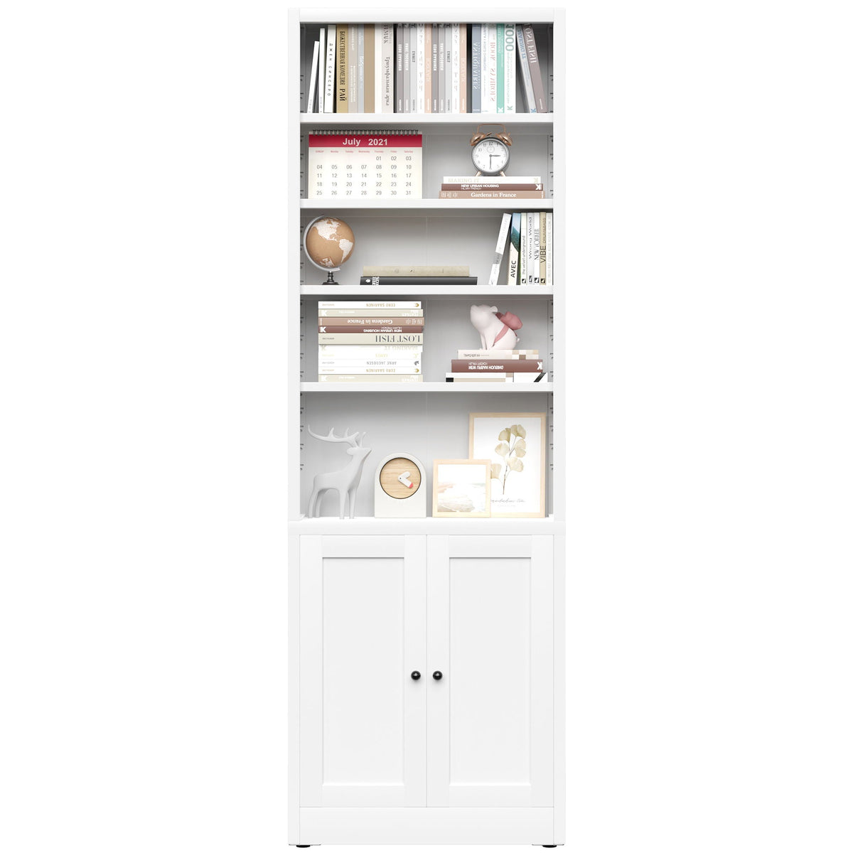 Bookcase Tall 5-Tier Adjustable Storage Shelf With Door Deep - White