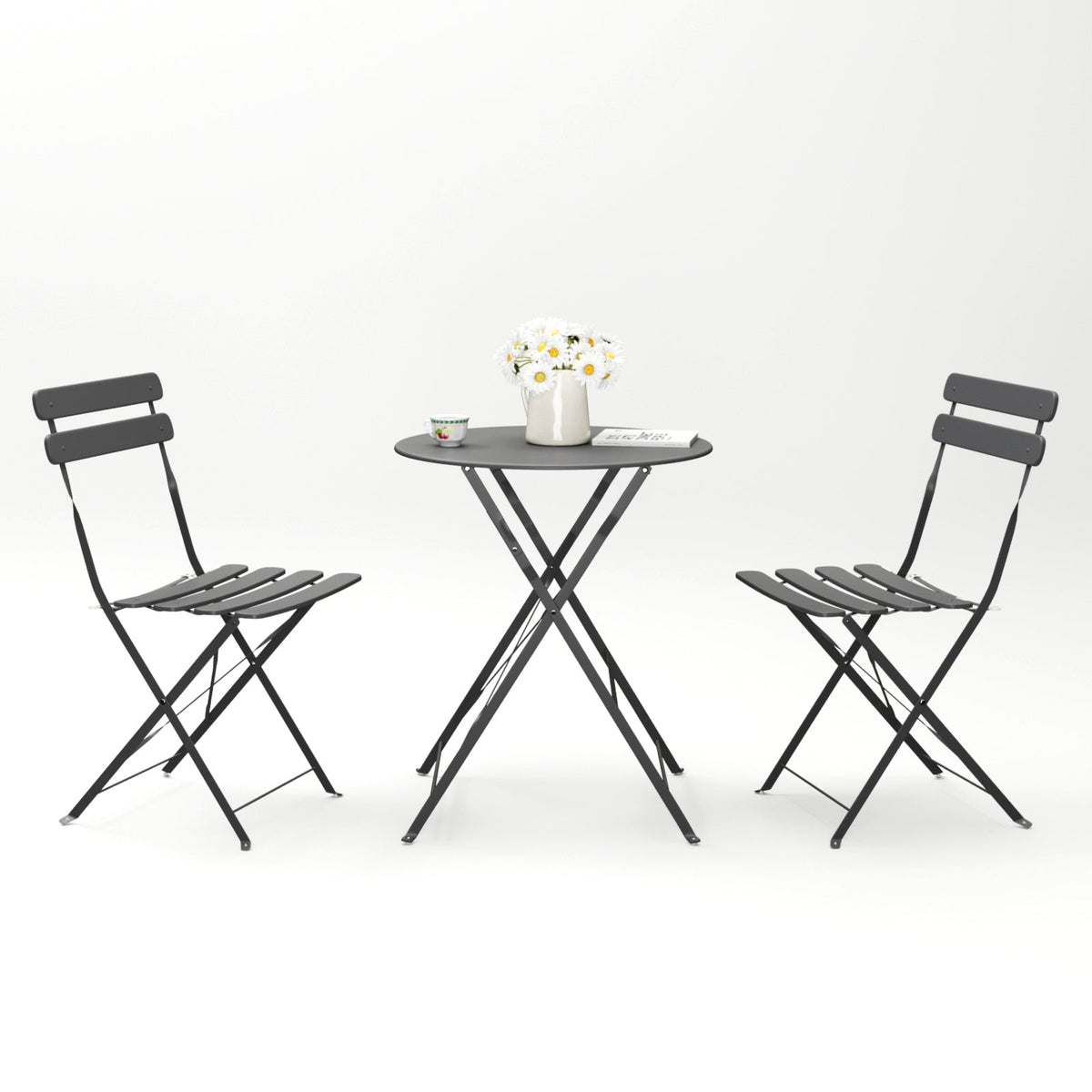3 Pieces Patio Bistro Balcony Metal Chair Table Set - Gray