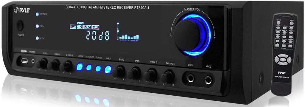 300W 4-Channel Home Audio Power Amplifier - Stereo Receiver with USB/ RCA/ AUX/ 2 Mic Inputs W/ Echo/ LED/ EQ/ Digital Display/ Remote - for PA - Iphone - Karaoke - Home Entertainment - PT390AU