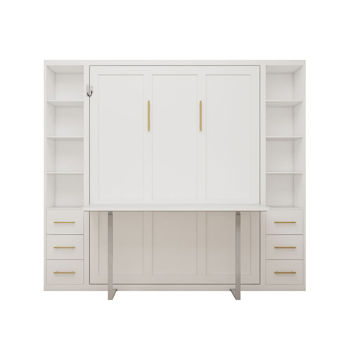 Queen Size Murphy Wall Bed With Side Storage Cabinets - White