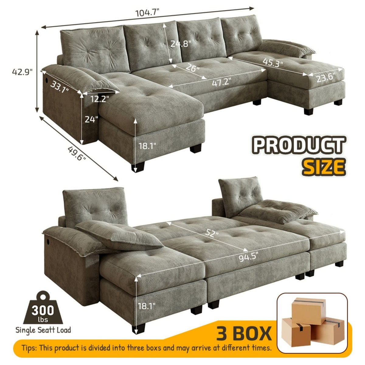 U-Shaped Sleeper Sofa With Pull Out Bed
