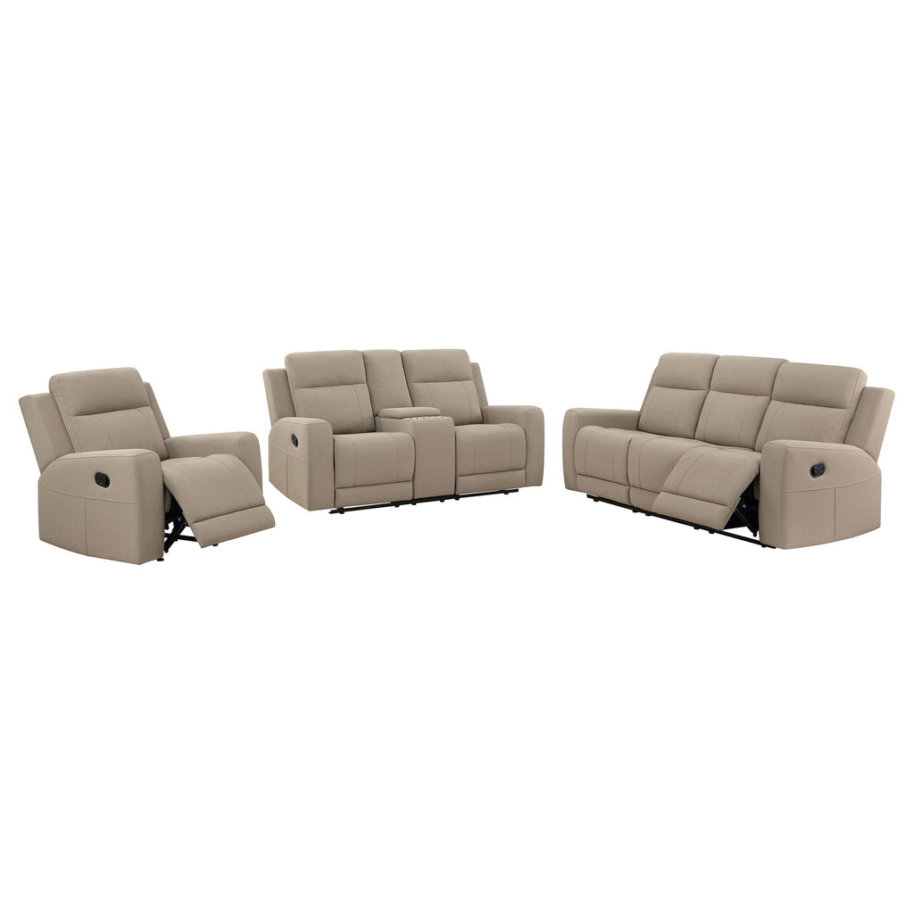 Slater - 3 Piece Upholstered Reclining Sofa Set And Built In Storage - Taupe