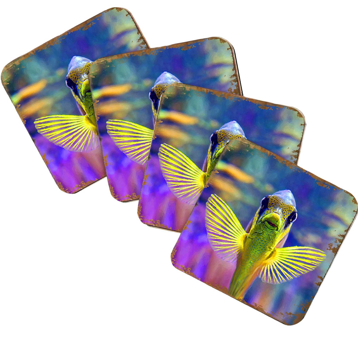 Tropical Fish Coastal Wooden Cork Coasters Gift Set of 4 by Nature Wonders - Coastal Sea-Life Decor - 95263C-S4
