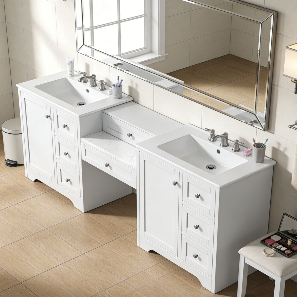 Double Sink Bathroom Vanity With Countertop, 2 Ceramic Sinks, 6 Drawers