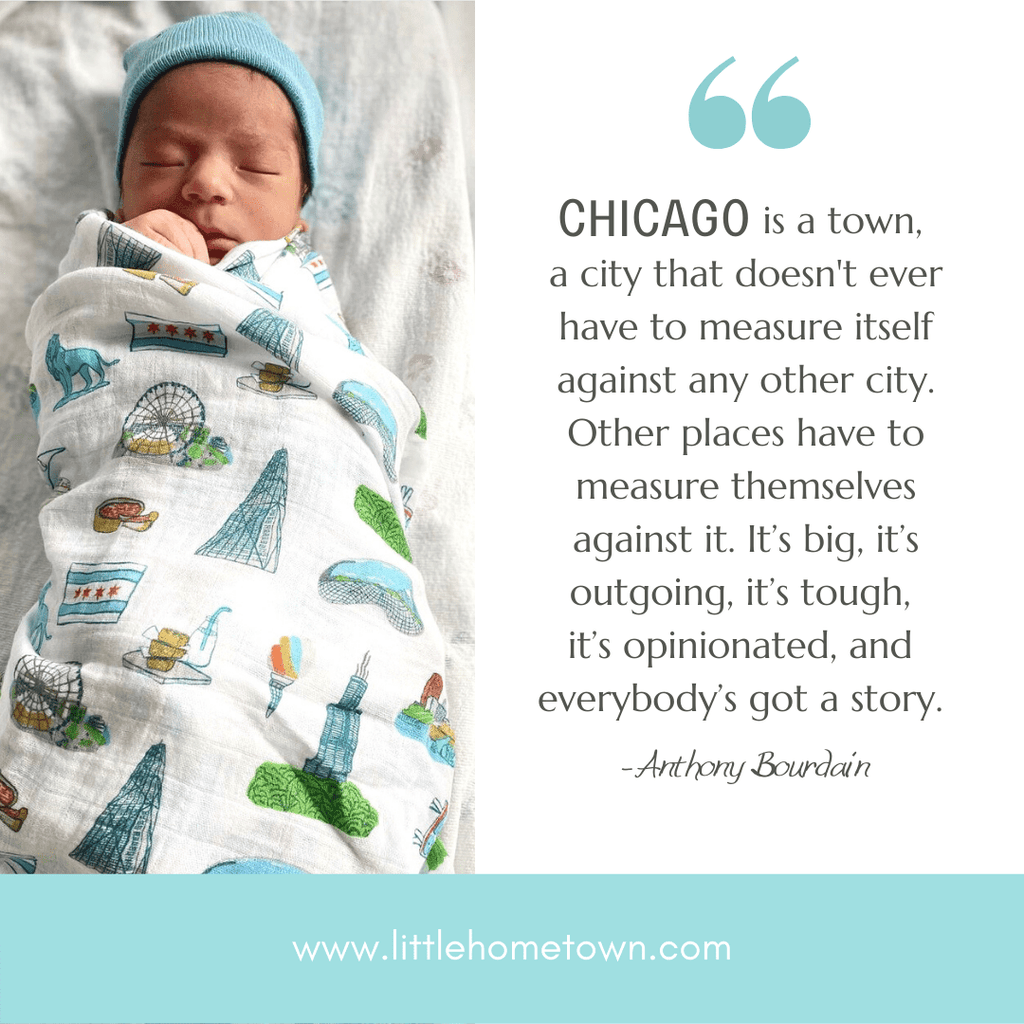 Chicago Foodie Baby Gift Bundle Bamboo Cotton Swaddle, Bib, Onesie