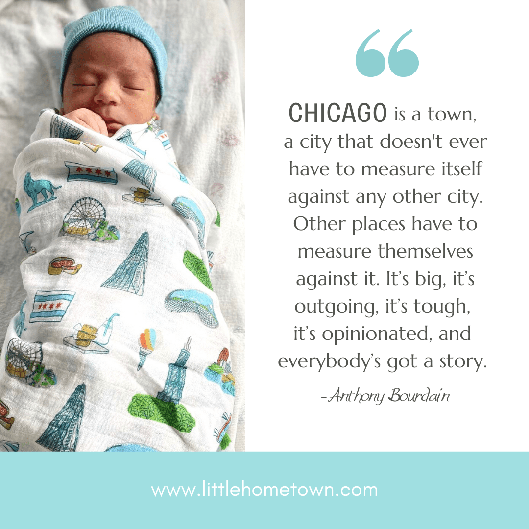 Chicago Foodie Baby Gift Bundle Bamboo Cotton Swaddle, Bib, Onesie