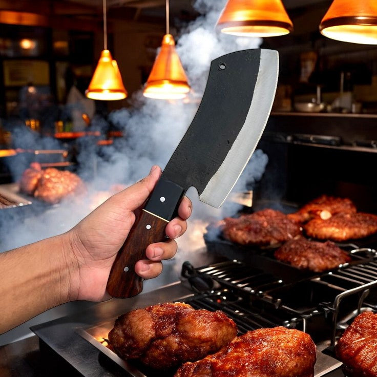 Custom Handmade Meat Cutter Knife – 11" High-Carbon Steel Blade with Rosewood & Buffalo Horn Handle