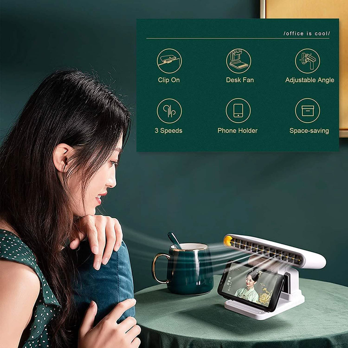 Computer Screen Hanging Fan with Phone Holder