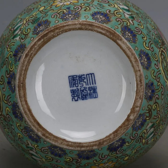 Qianlong‑Style Powder Enamel Vase – Hand‑Painted Flowers with Golden Handles