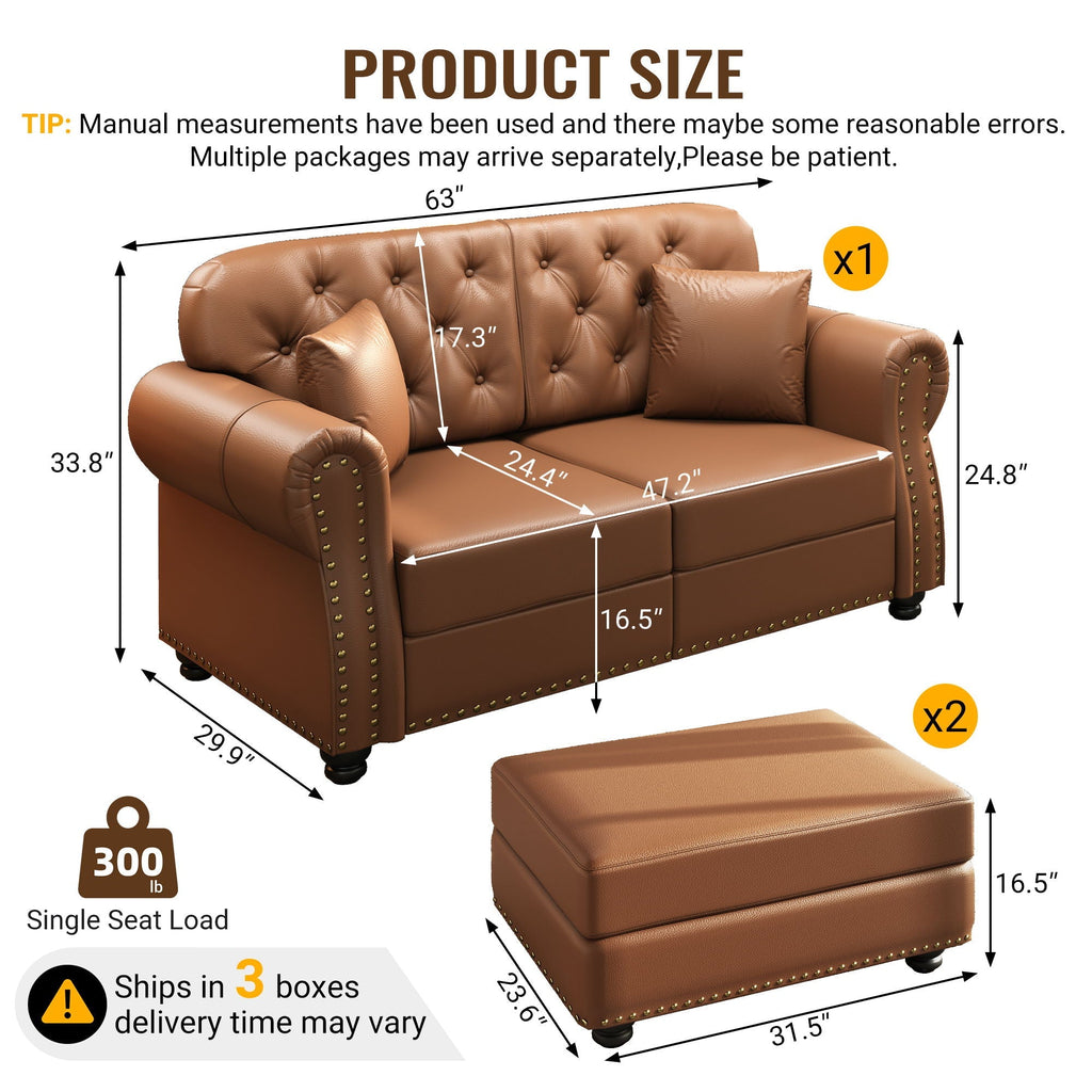 Upholstered Sofa With Nailhead Trim, Rolled Armrests With Ottoman