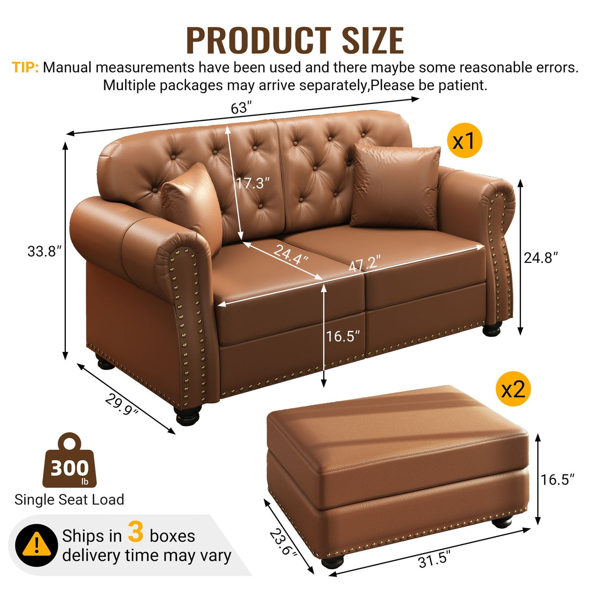 Upholstered Sofa With Nailhead Trim, Rolled Armrests With Ottoman