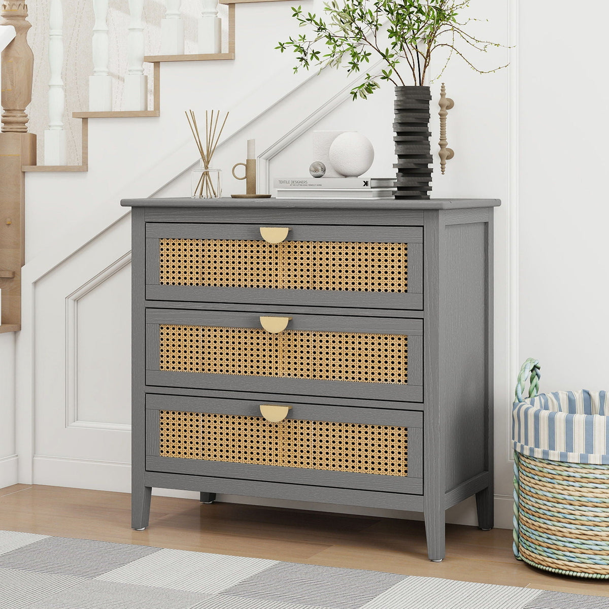 3 Drawer Cabinet, Natural Rattan, American Furniture