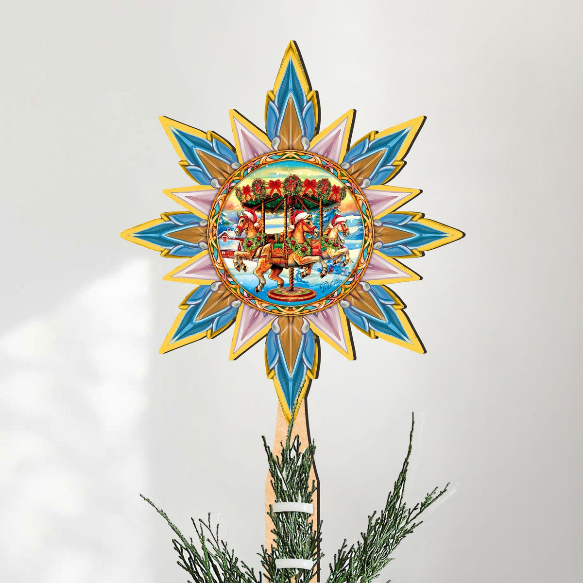 Christmas Carousel Star Tree Topper Wooden Decor by G. Debrekht - Carousel Holiday Decor - 89506