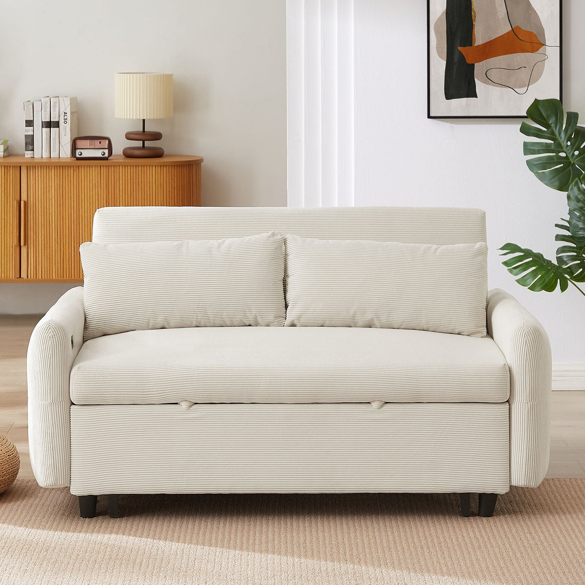 Pull-Out 2 Seat Modern Sleeper Sofa With 2 Throw Pillows And USB Ports