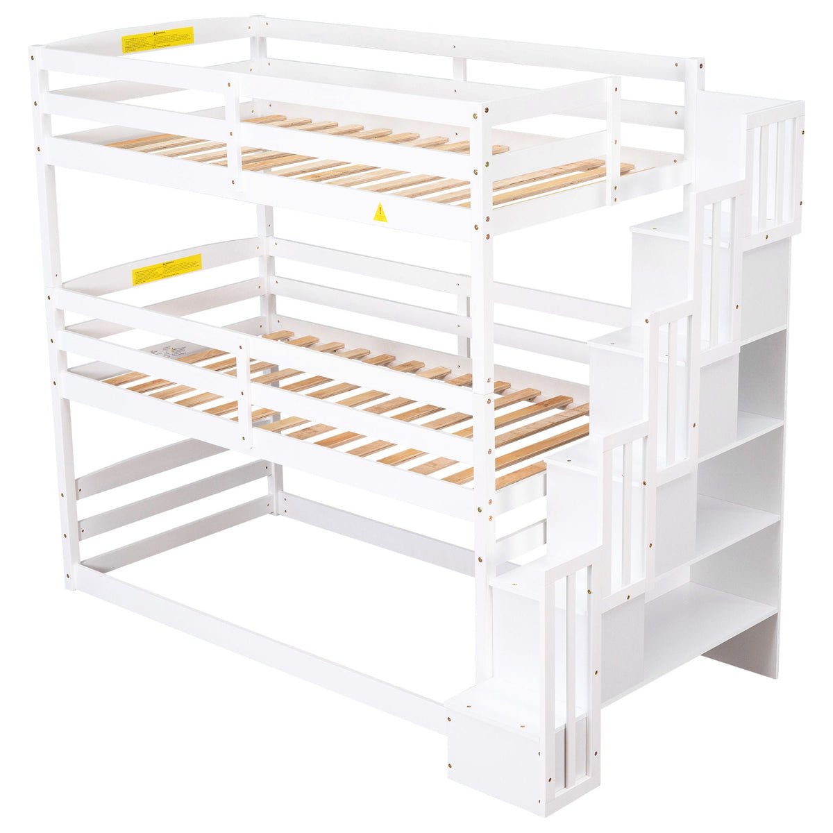 Twin Size Triple Bunk Bed With Storage Staircase, Separate Design - White