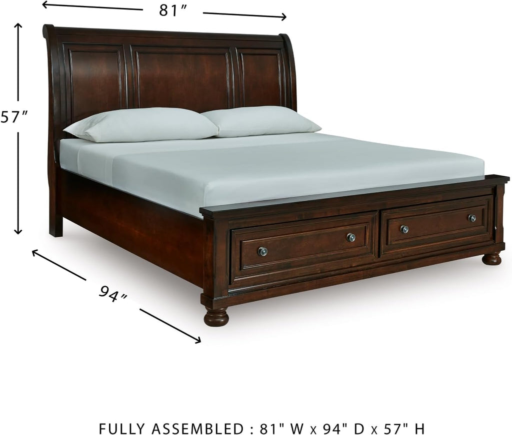 Signature Design by Ashley Porter Traditional 2-Drawer King Sleigh Storage Bed with Bun Feet, Foundation or Box Spring Not Needed, Dark Brown