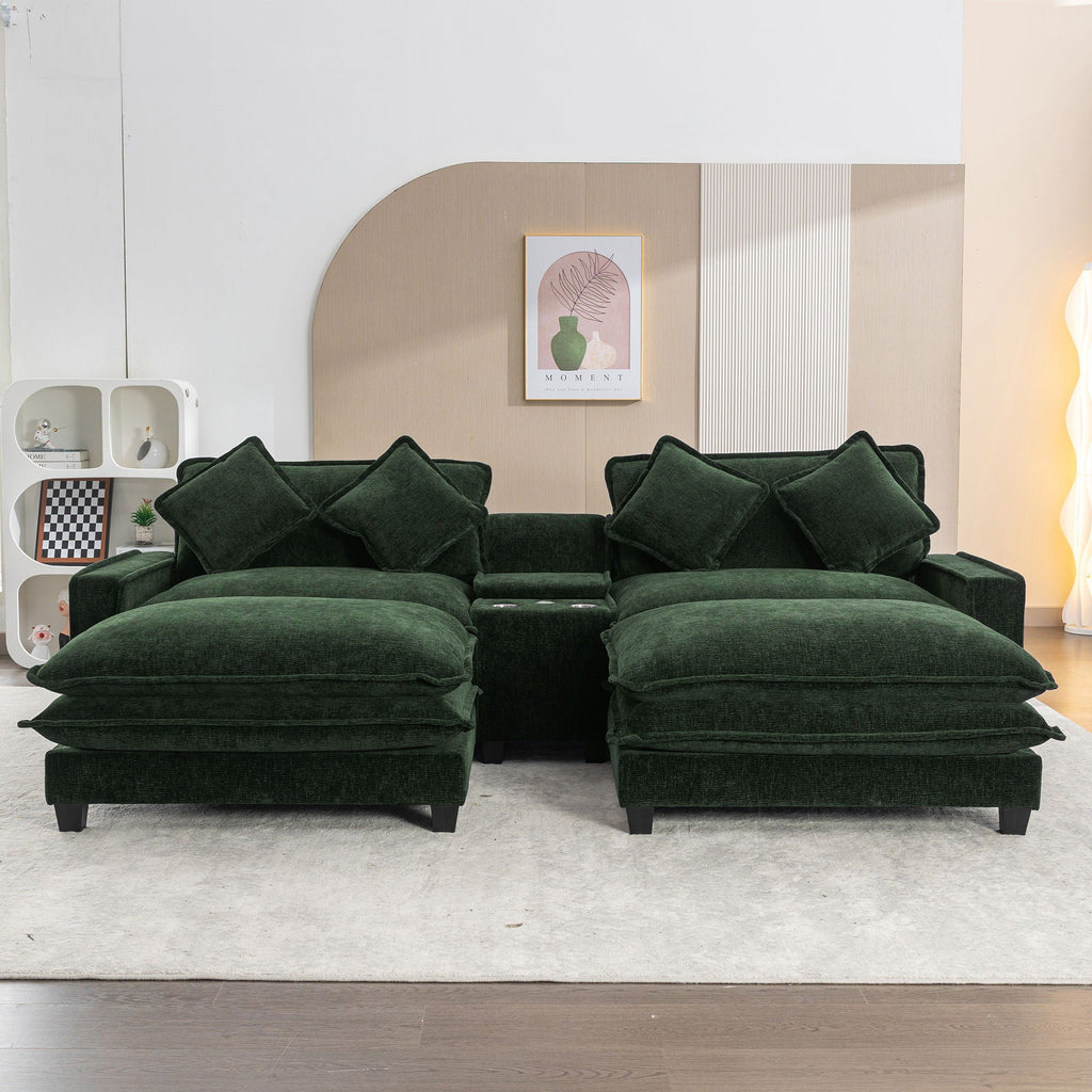 Sectional Sofa Upholstered Sofa With Two Removable Ottoman, Two USB Ports, Two Cup Holders And Large Storage Box For Living Room