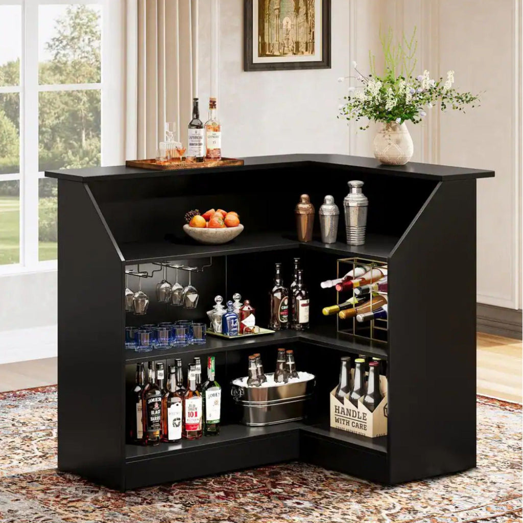 L-Shaped Home Bar Cabinet With Stemware Racks, 4 Tier Corner Unit, Liquor Wine Bar Table & Reception Desk For Home Pub - Black