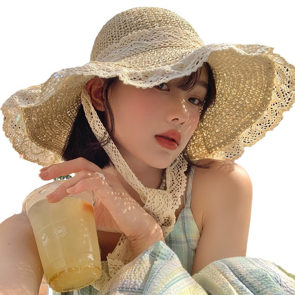 Lace String Color Woven Straw Hat Summer Versatile Outdoor Travel Beach Hat Cute Girl Ins Bucket Hat