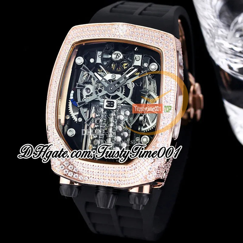 Bugatti Chiron Tourbillon Autoamtic Mens Watch 16 Cylinder Engine Skeleton Dial Iced Out Diamonds Inlay Case Blue Rubber Strap Trustytime001Watches BU200.30