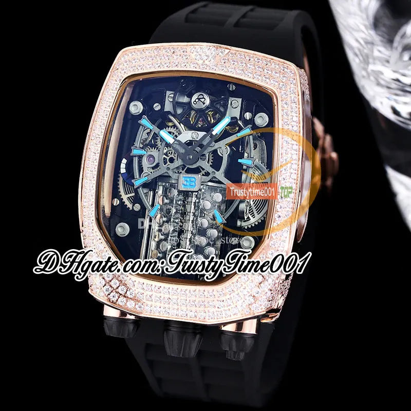 Bugatti Chiron Tourbillon Autoamtic Mens Watch 16 Cylinder Engine Skeleton Dial Iced Out Diamonds Inlay Case Blue Rubber Strap Trustytime001Watches BU200.30