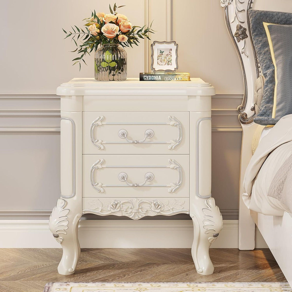 Carved Nightstand With 2 Drawers, Bedside Table - White
