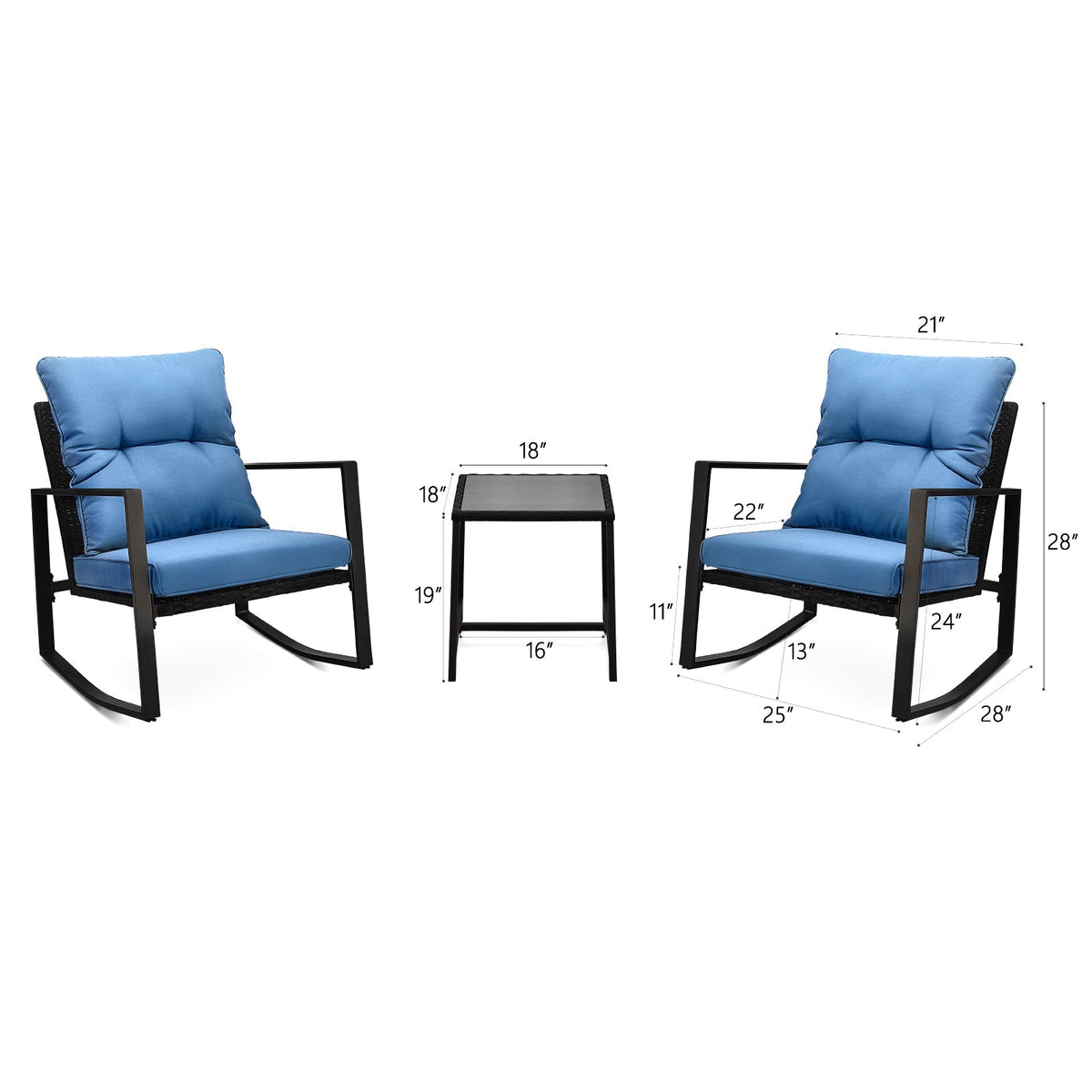 3 Pieces Patio Bistro Set Outdoor Rocking Chair with Blue Cushion for Yard Garden Poolside