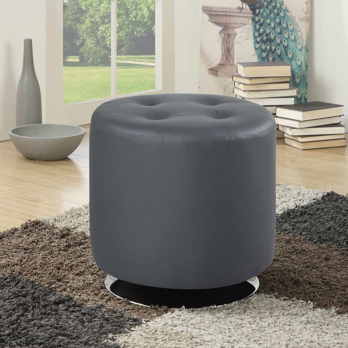 Round Ottoman With Tufted Upholstery Base - Gray