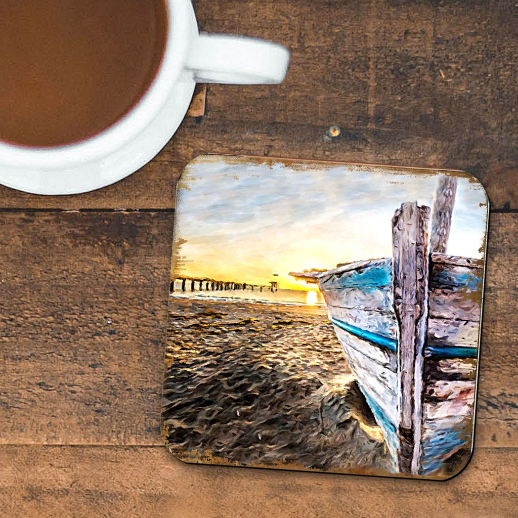 Beach Boat Coastal Wooden Cork Coasters Gift Set of 4 by Nature Wonders - Coastal Sea-Life Decor - 95271C-S4