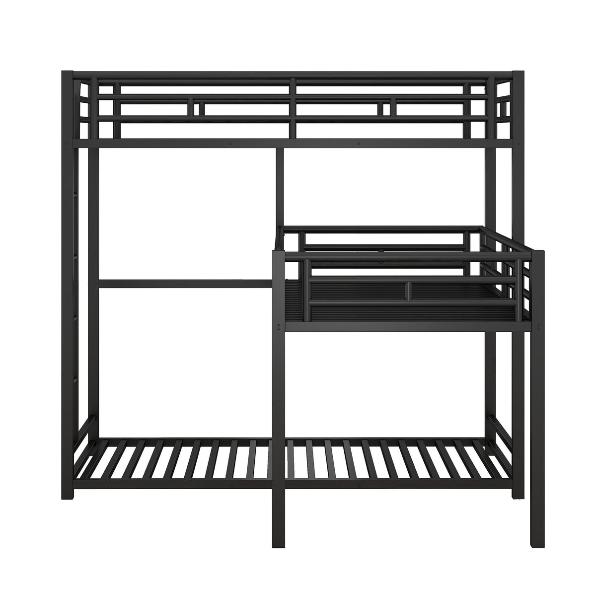 L-Shaped Triple Twin Size Bunk Bed, Industrial Design With Integrated Ladder And Full Length Guardrails - Black