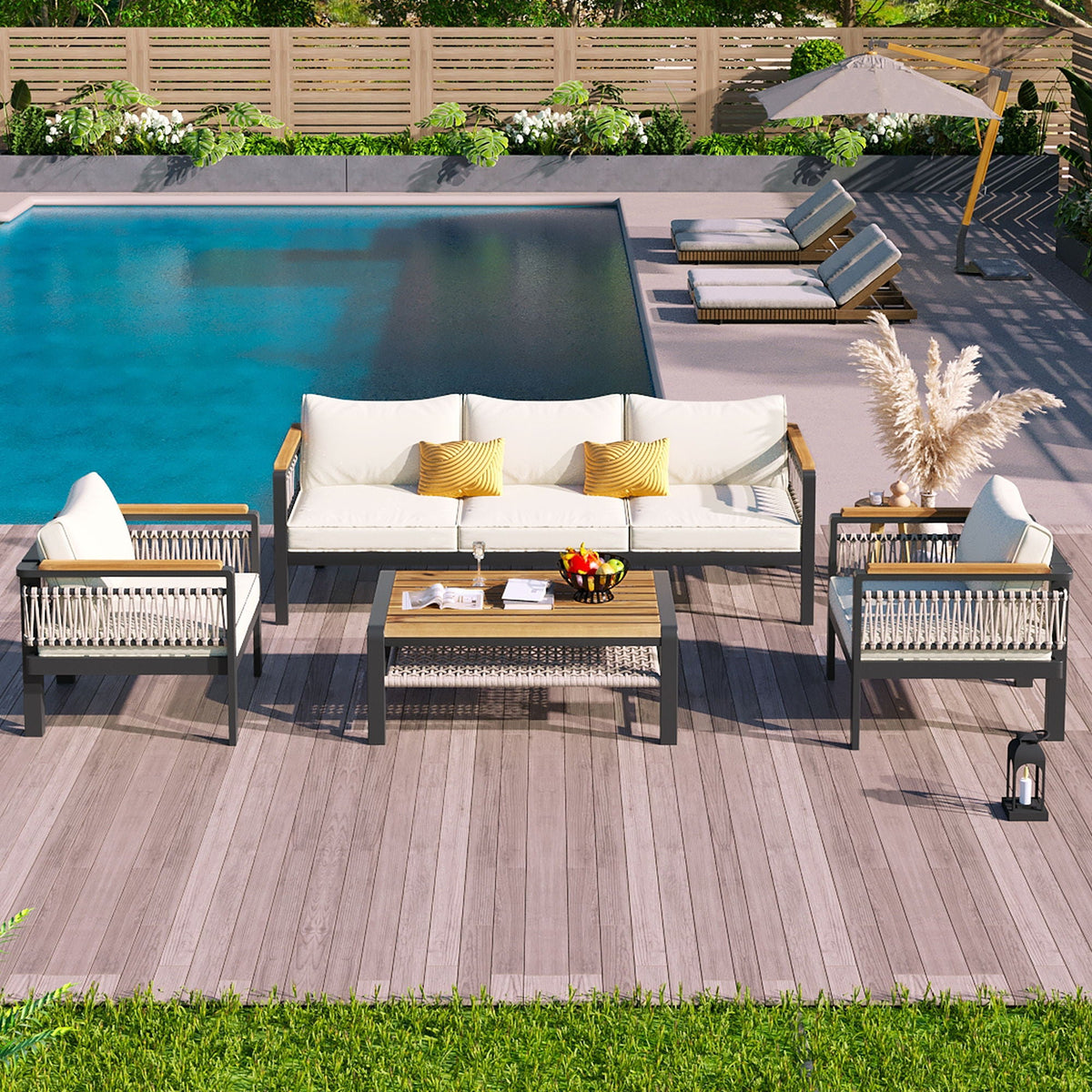 4 Pieces Outdoor Sectional Sofa Set 5 Person Patio Seating Group Outdoor Conversation Set With Cushions And A Coffee Table For Patios
