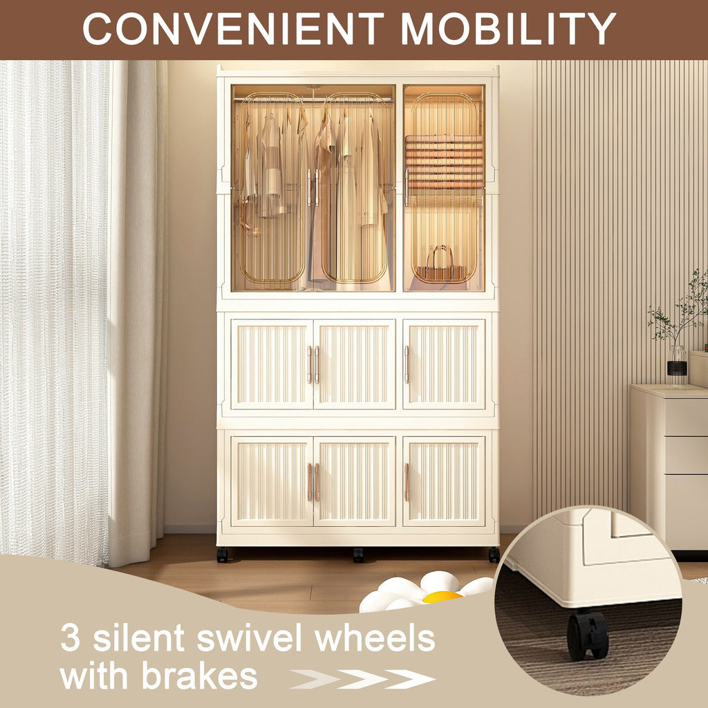 Portable Wardrobe Closet Storage Organizer With 9 Magnetic Doors - Cream White