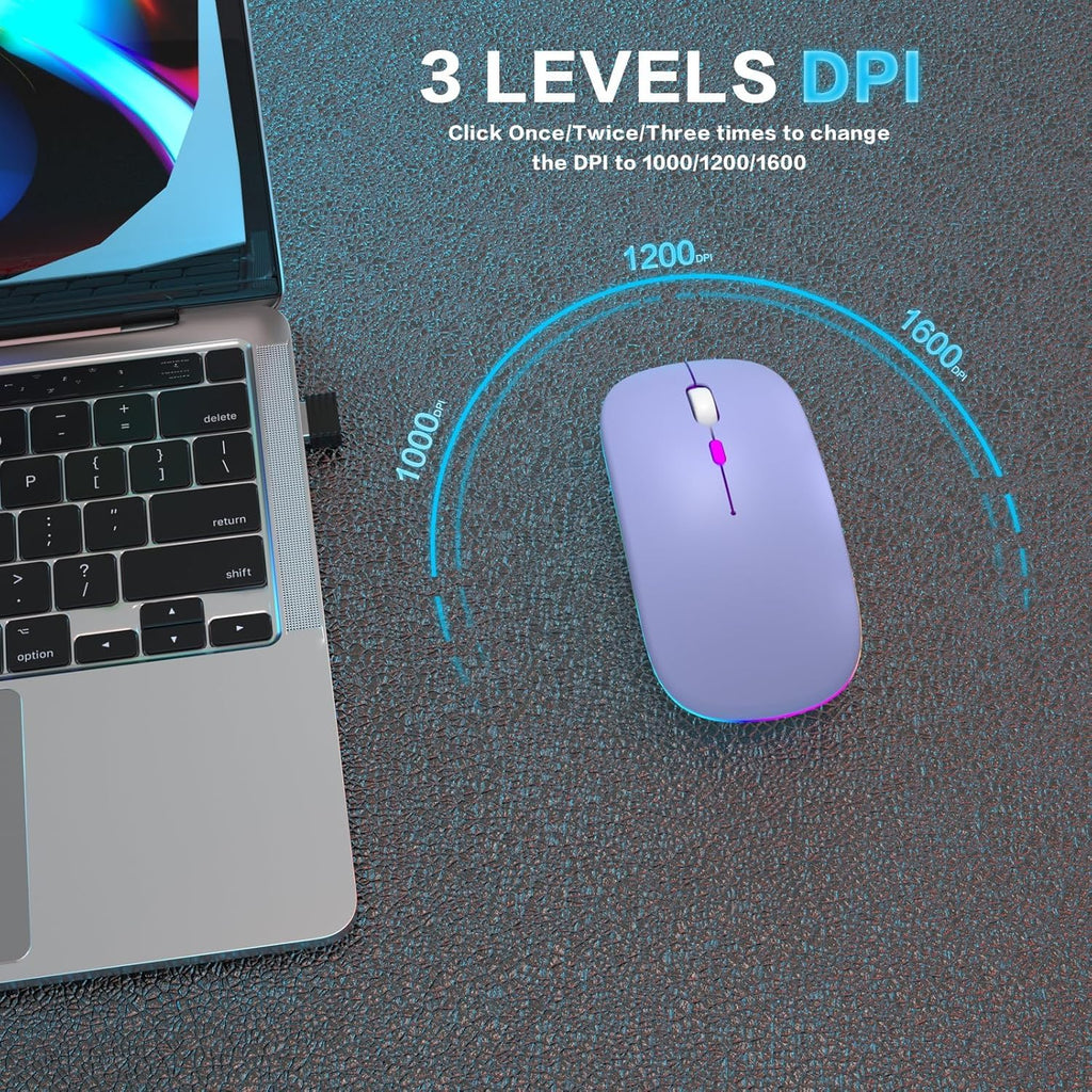 Wireless Bluetooth Mouse, Rechargeable, Dual Mode Bluetooth 5.2 & 2.4G USB, LED Lights, Slim, Silent, Portable Computer Mouse for Laptop, PC, Macbook, Ipad, Tablet (Purple)