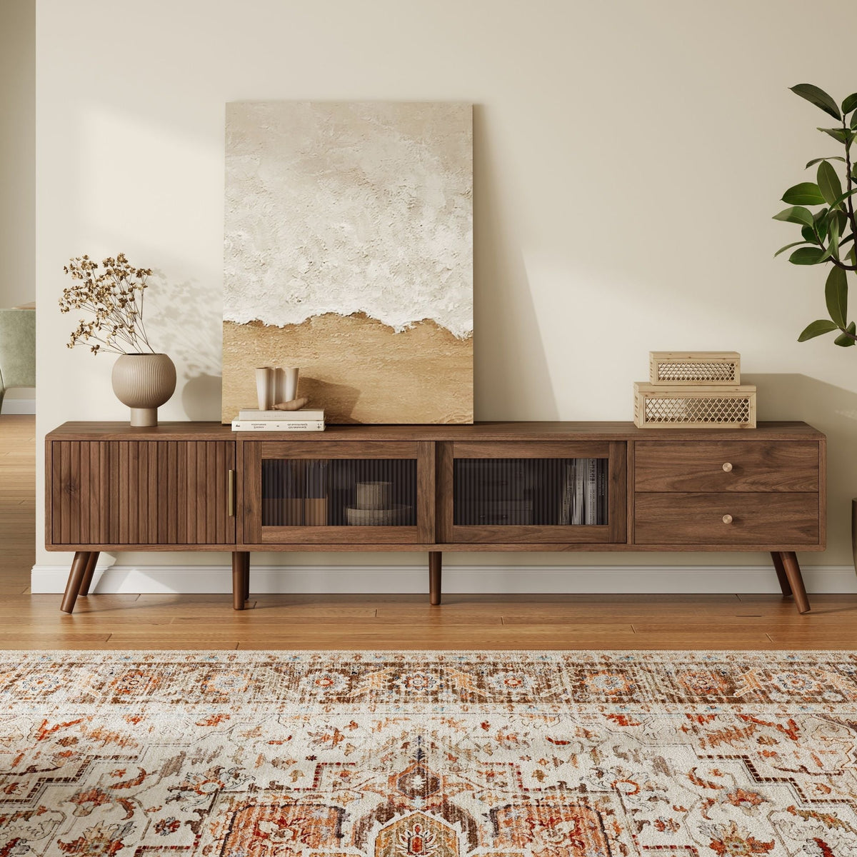 Doors TV Stand For TVs Up To 85" With Storage Cabinets - Natural