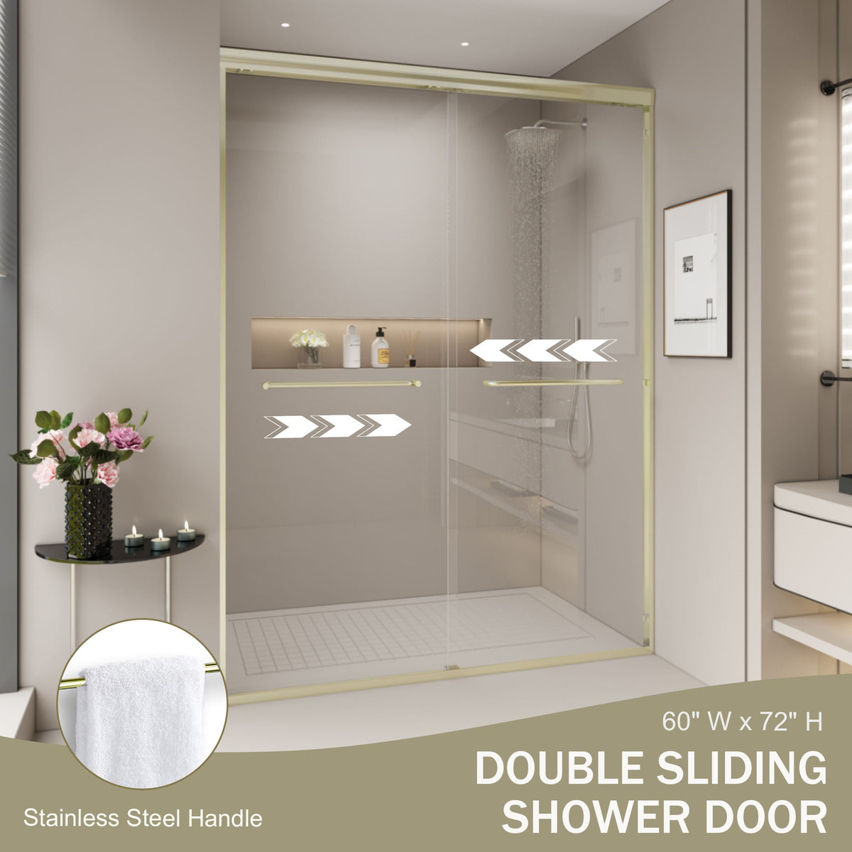 Double Sliding Shower Door, Semi-Frameless Bypass Bathroom Sliding Door With 1/4" (6 Mm) Tempered Glass For Walk-In Shower