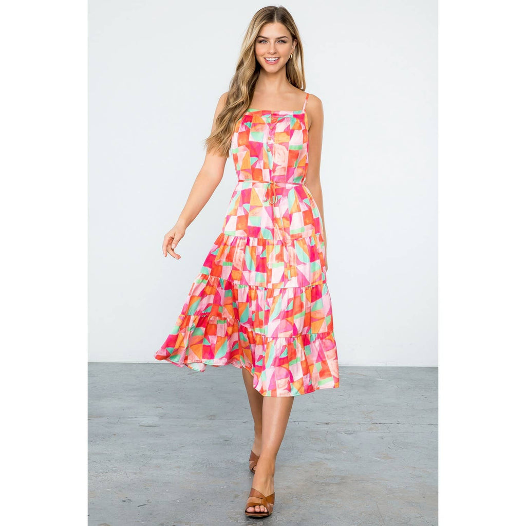 ELLIE- Sleeveless Multi Color Tiered Dress in Abstract Print