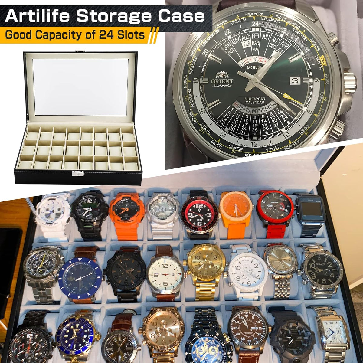 24 Slot Watch Box for Men, Watch Cases for Men, Watch Display Case, Glass Top PU Leather Watch Storage Organizer with Removable Pillows for Him