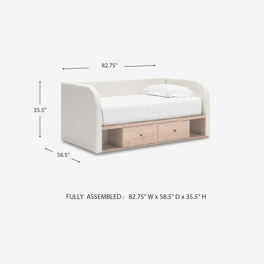 Signature Design by Ashley Shapella Boho Chic Upholstered Day Bed with 2 Storage Drawers, Foundation or Box Spring Not Needed, Full, Beige & White