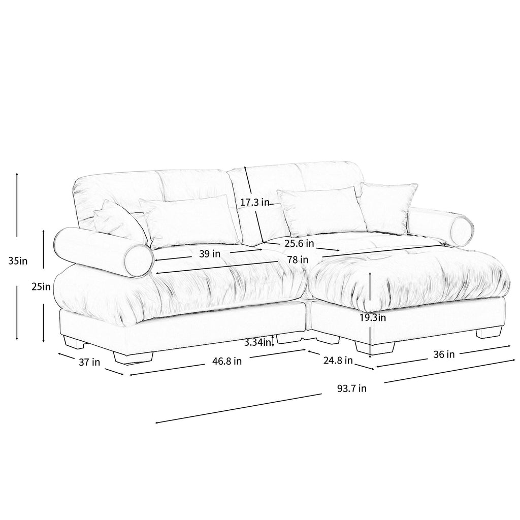 Modern Sectional Sofa With Ottoman, Round Bolster Armrests, Waist And Throw Pillows