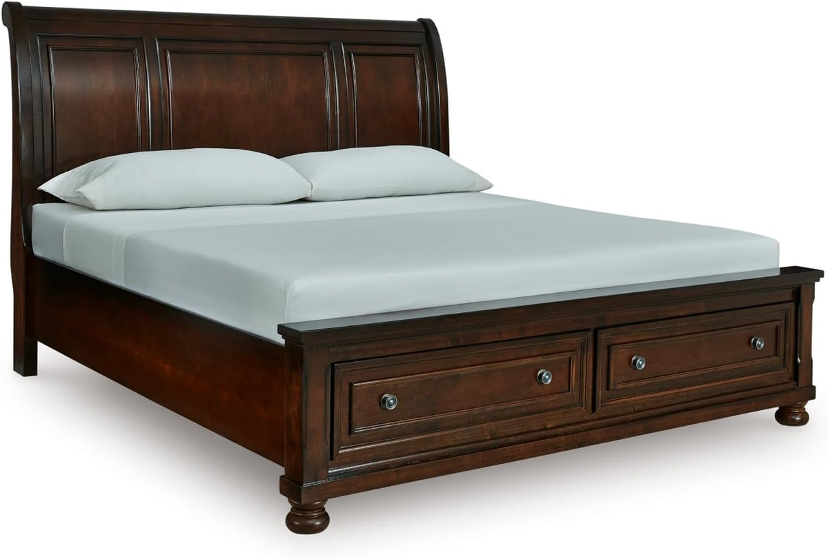 Signature Design by Ashley Porter Traditional 2-Drawer King Sleigh Storage Bed with Bun Feet, Foundation or Box Spring Not Needed, Dark Brown
