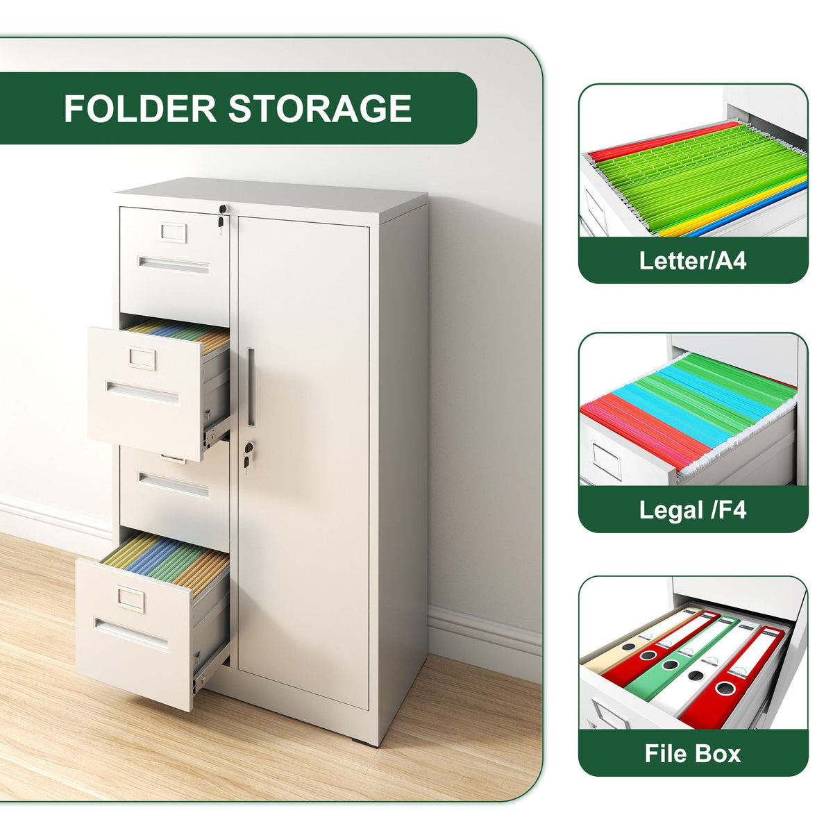 Metal Storage Vertical Filing Cabinet With Lock, 4 Drawers, 1 Door, Steel Construction, School / Office Use