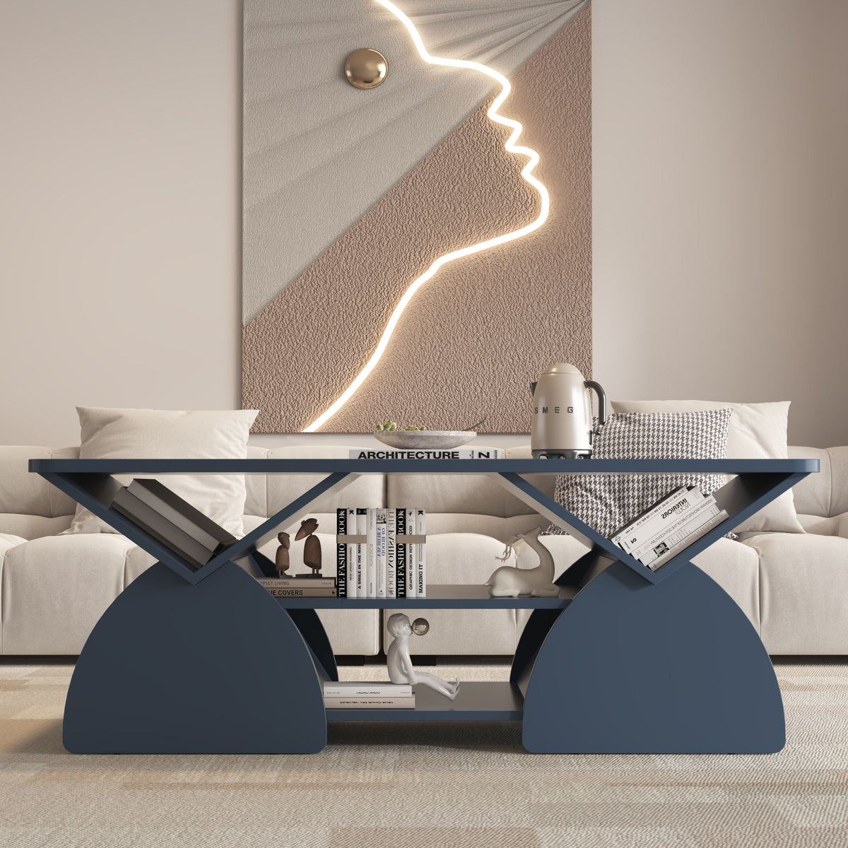 Geometric Engineered Coffee Table with Rounded Corners and Open Shelves